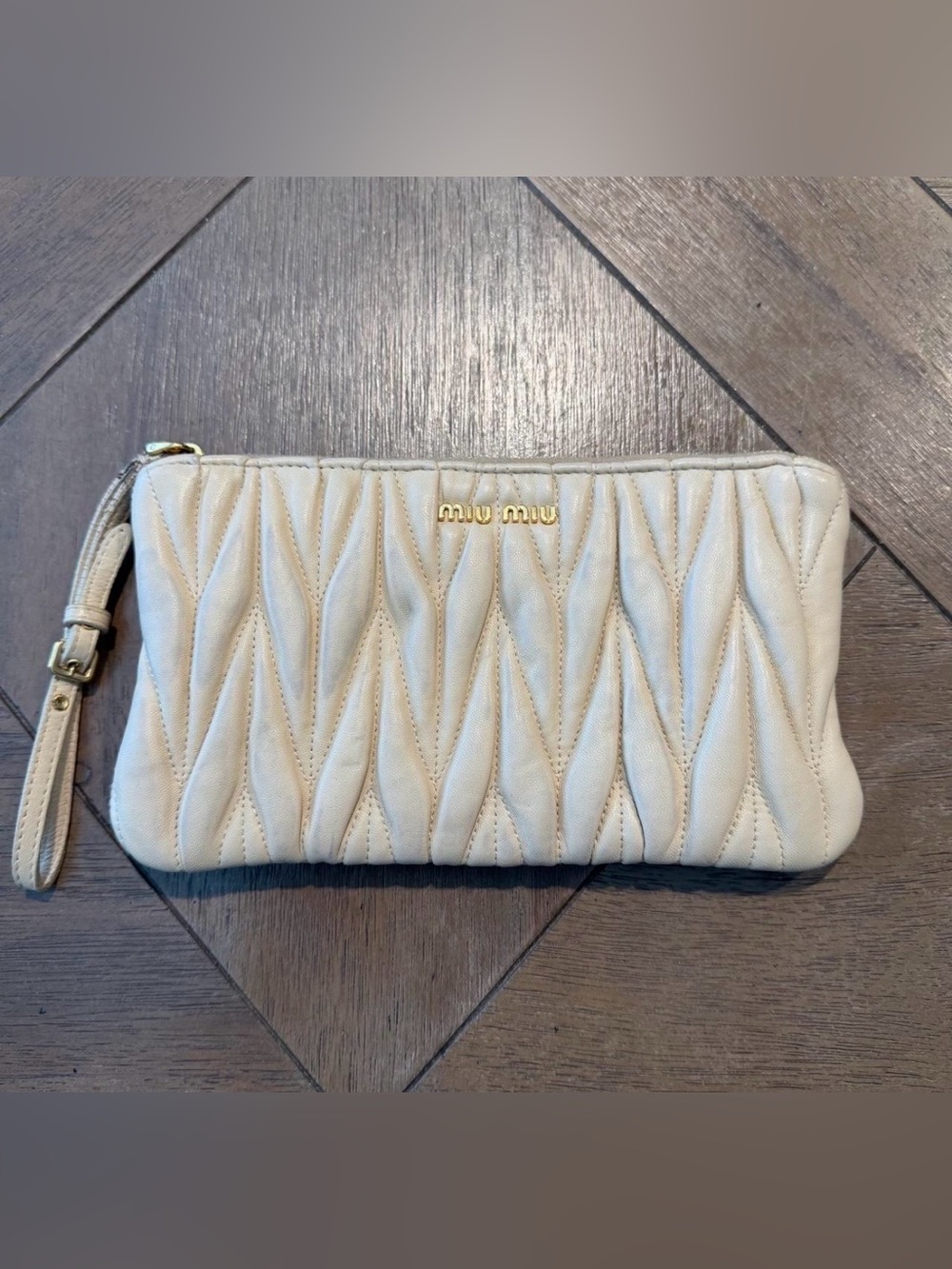 Miu Miu Cream Quilted Leather Wristlet Pouch